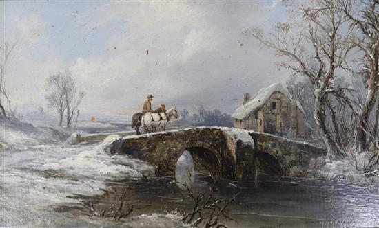 J. Mundell c.1885 Traveller in a winter landscape 5.75 x 9.5in.